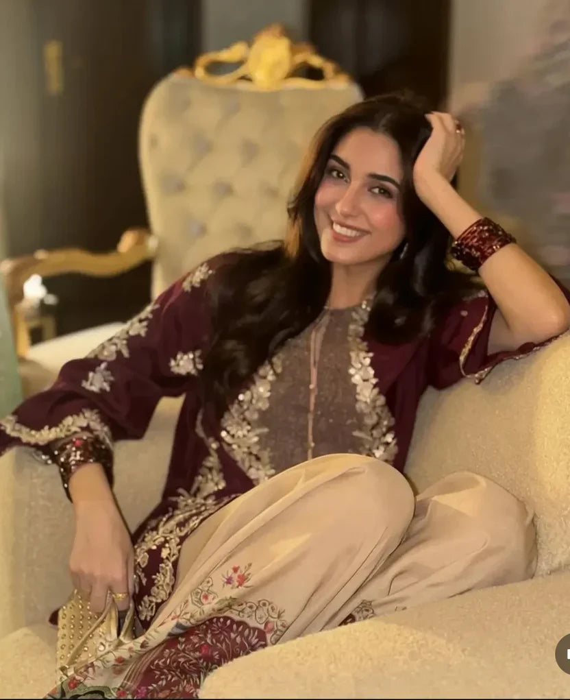 Maya Ali Ethnic Mehroon Skin Silk 2PC - IBX PREMIUM