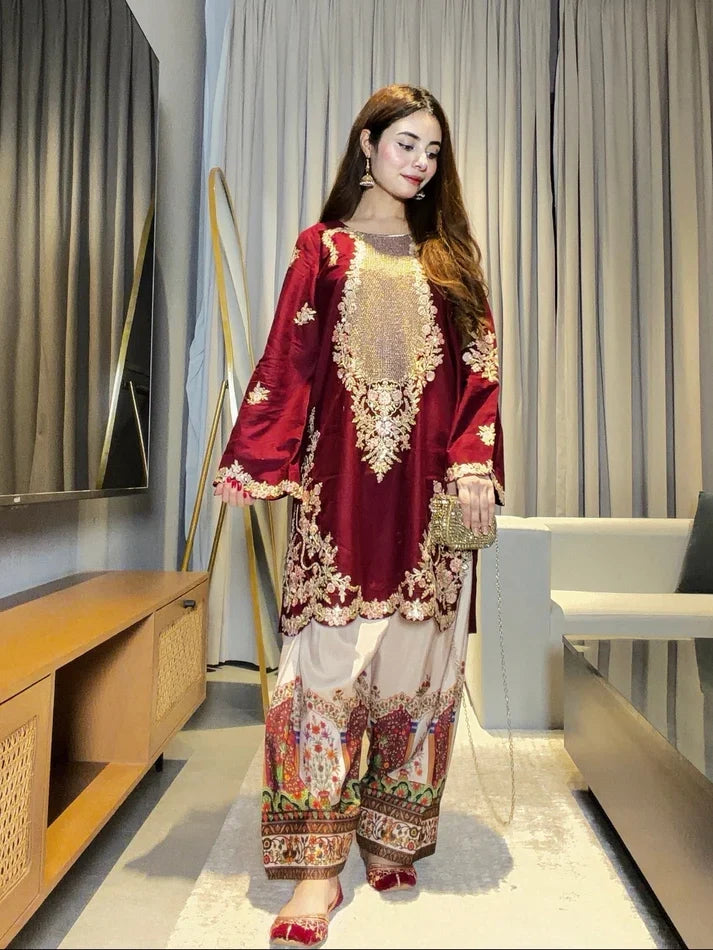 Maya Ali Ethnic Mehroon Skin Silk 2PC - IBX PREMIUM