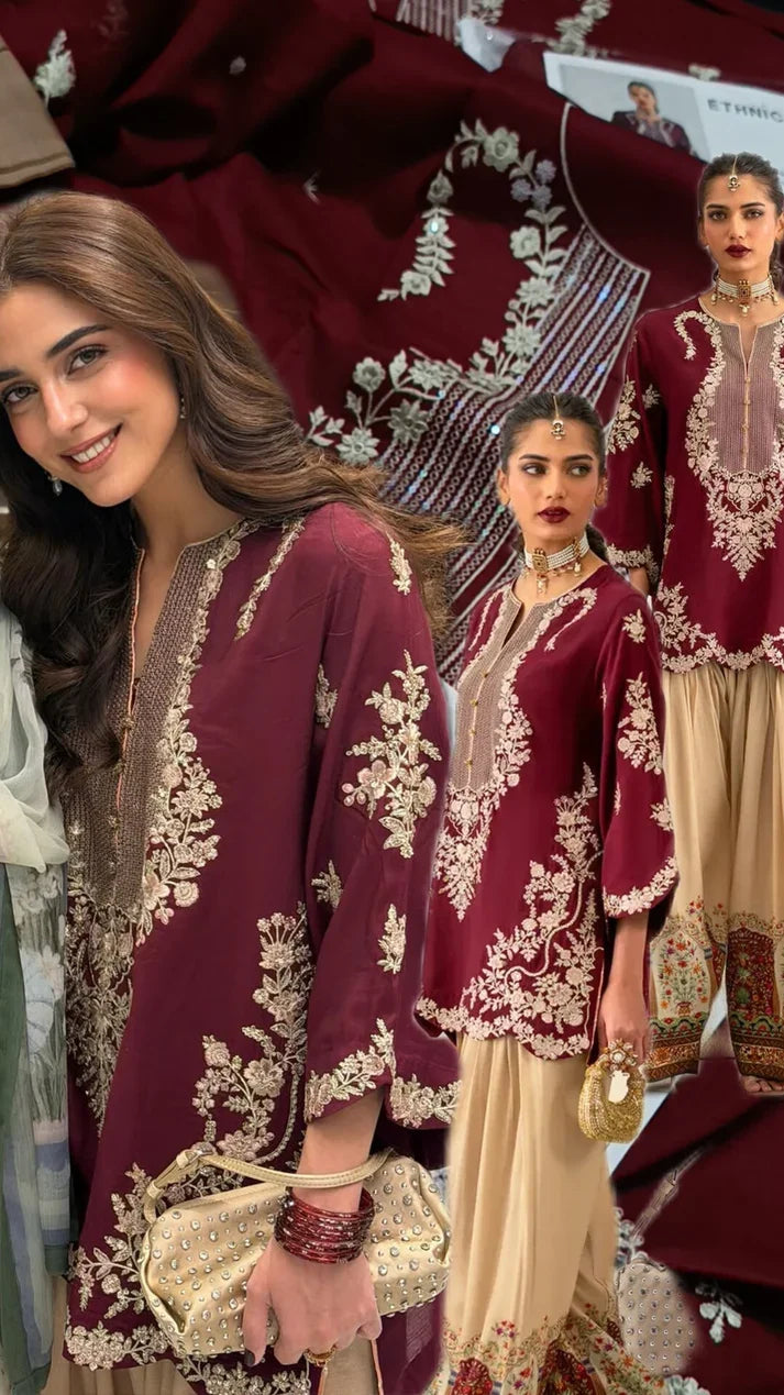 Maya Ali Ethnic Mehroon Skin Silk 2PC - IBX PREMIUM