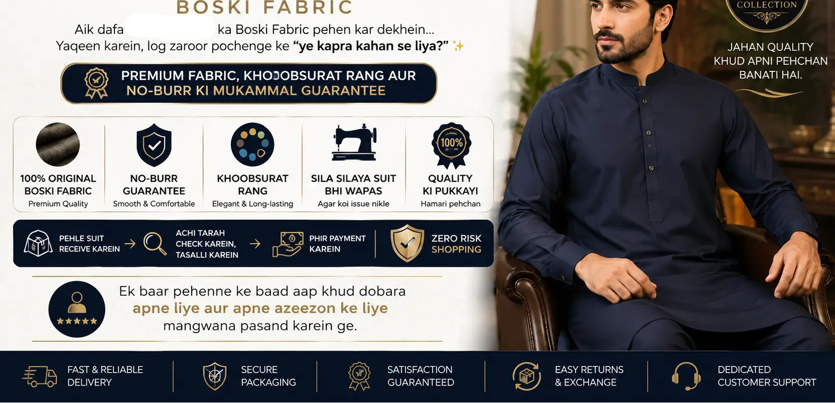 Man wearing a navy blue suit with promotional text for alkhan fabrics BOSKI Fabric.