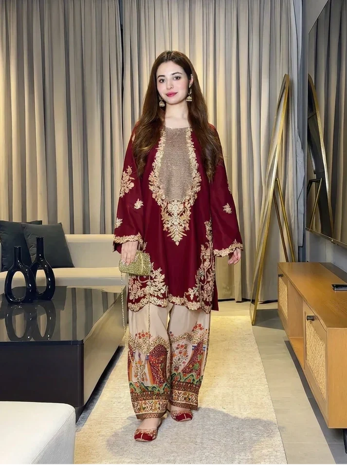 Maya Ali Ethnic Mehroon Skin Silk 2PC - IBX PREMIUM